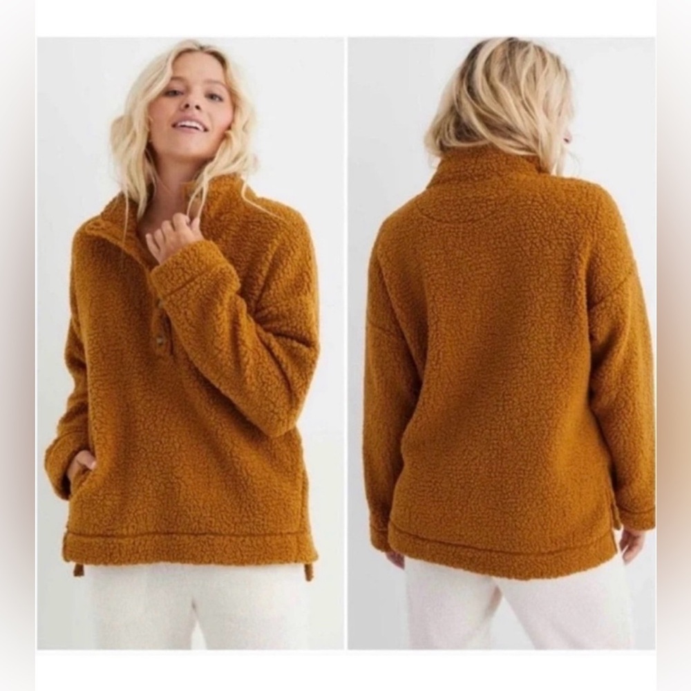 Aerie Brown Sherpa Pullover Quarter Button Fleece Cozy Oversized Sweatshirt XXS